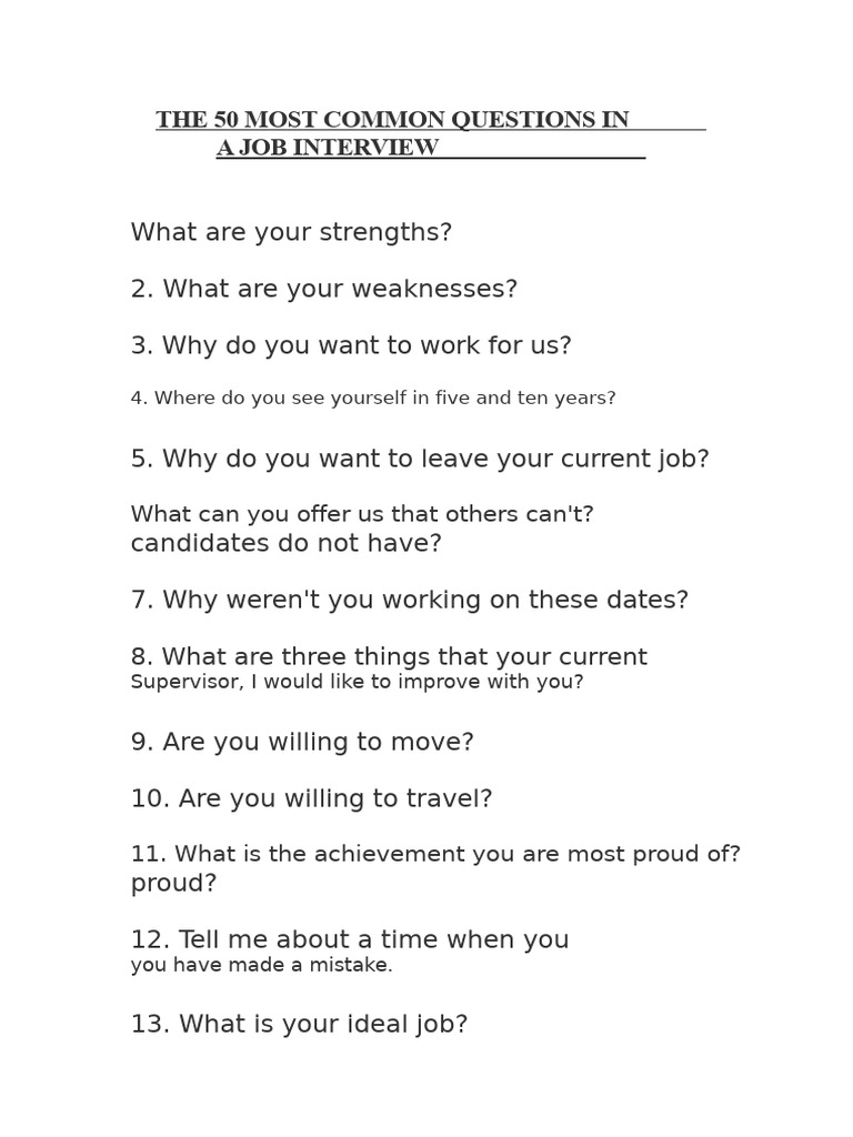 The 50 Most Common Questions in A Job Interview | PDF