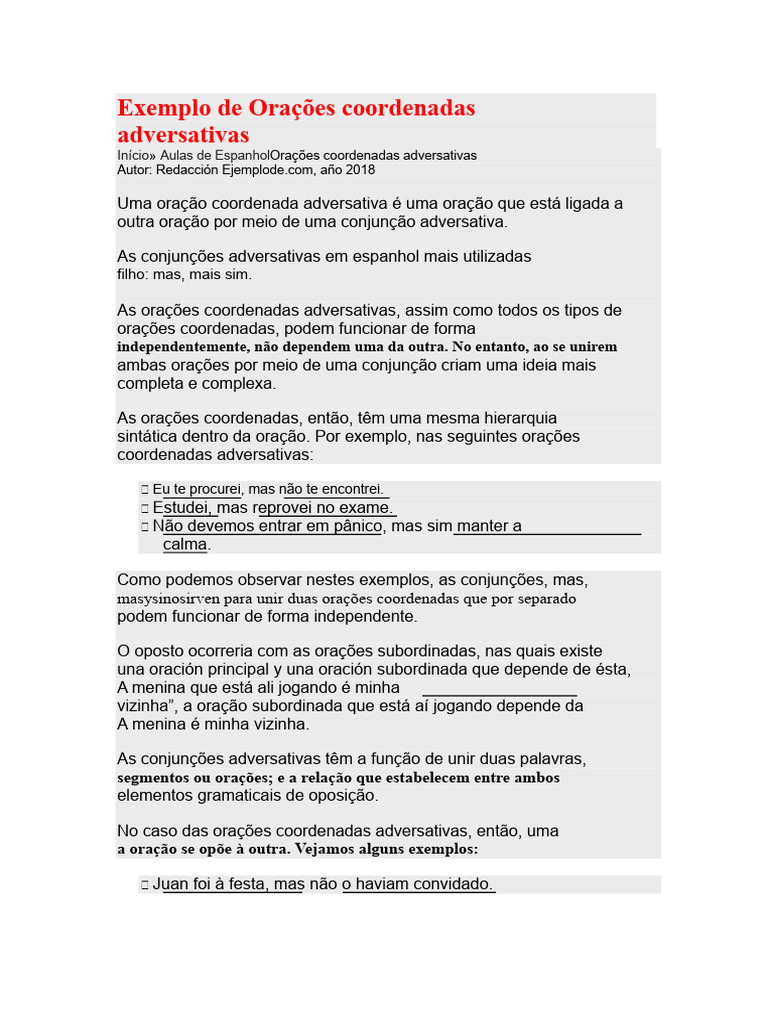 Exemplos de Orações Coordenadas Adversativas | PDF