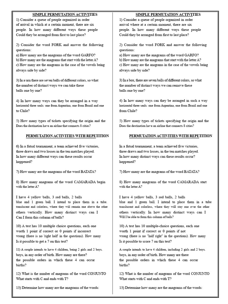 Simple and Repeated Permutation Activities PDF | PDF | Permutation