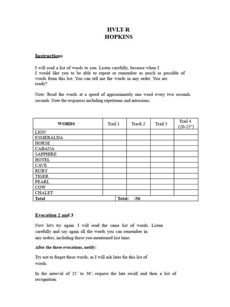 HVLT-R Memory Test Instructions | PDF | Recall (Memory) | Mental Processes