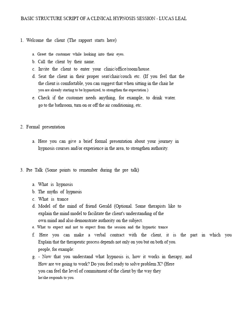Clinical Hypnosis Session Structure Guide | PDF | Hypnosis | Hypnotherapy