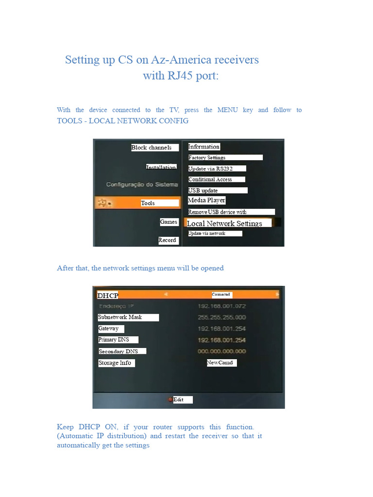 Setting Up CS On Az Receivers | PDF | Ip Address | Computer Network