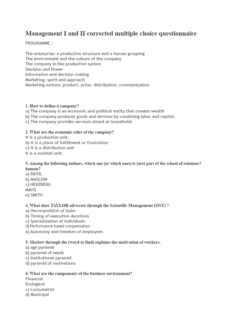 Management I & II MCQ Questionnaire | PDF | Organizational Culture ...
