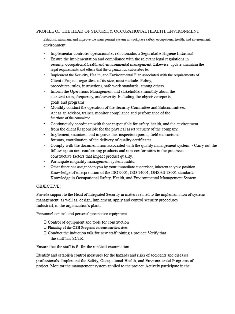 Head of Security and Occupational Health Profile | PDF | Occupational ...