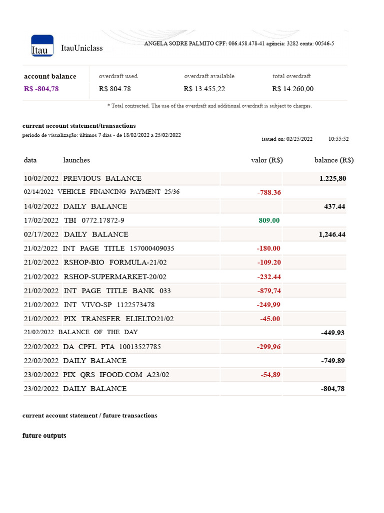 Statement-Itau 25 02 2022 105552 | PDF | Overdraft | Transaction Account