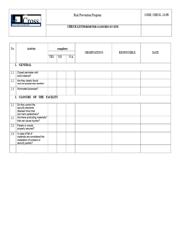 Site Perimeter Closure Checklist | PDF