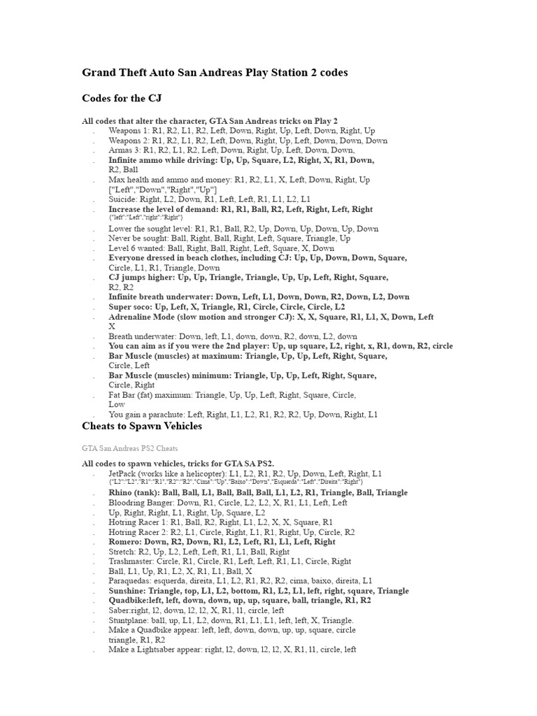 GTA San Andreas PS2 Cheat Codes Guide | PDF