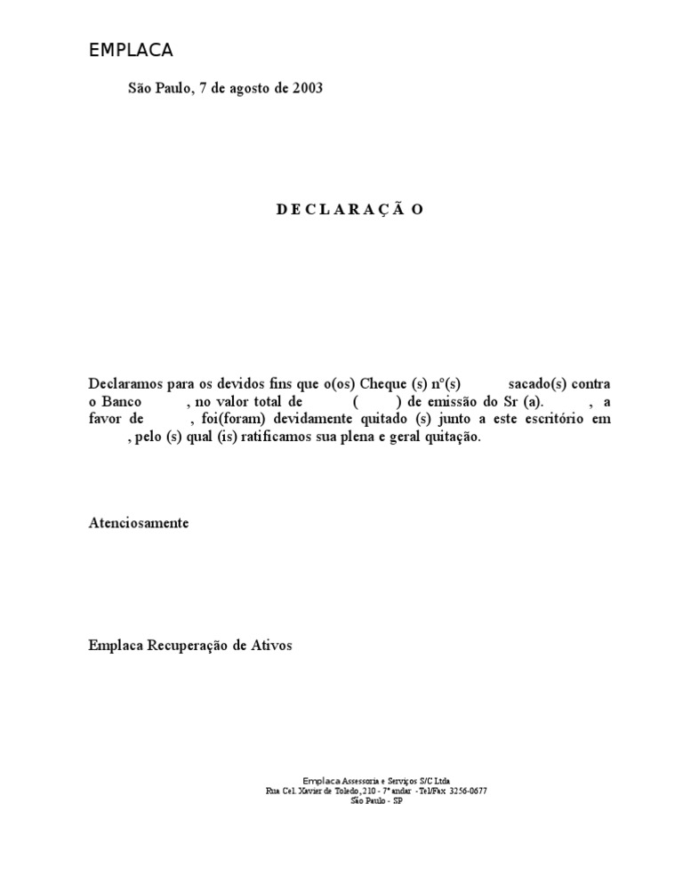 Modelo De Declaração De Quitação De Cheque - Muitos Modelos