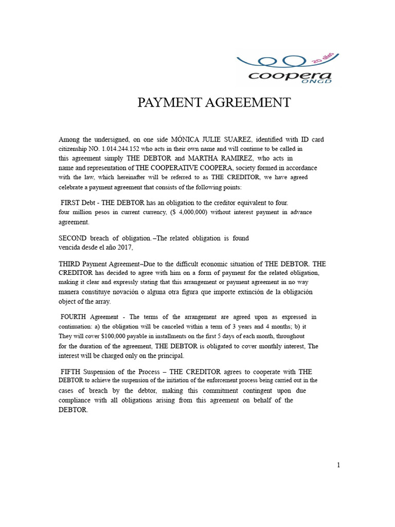 Payment Agreement for Debt Settlement | PDF | Payments | Debtor