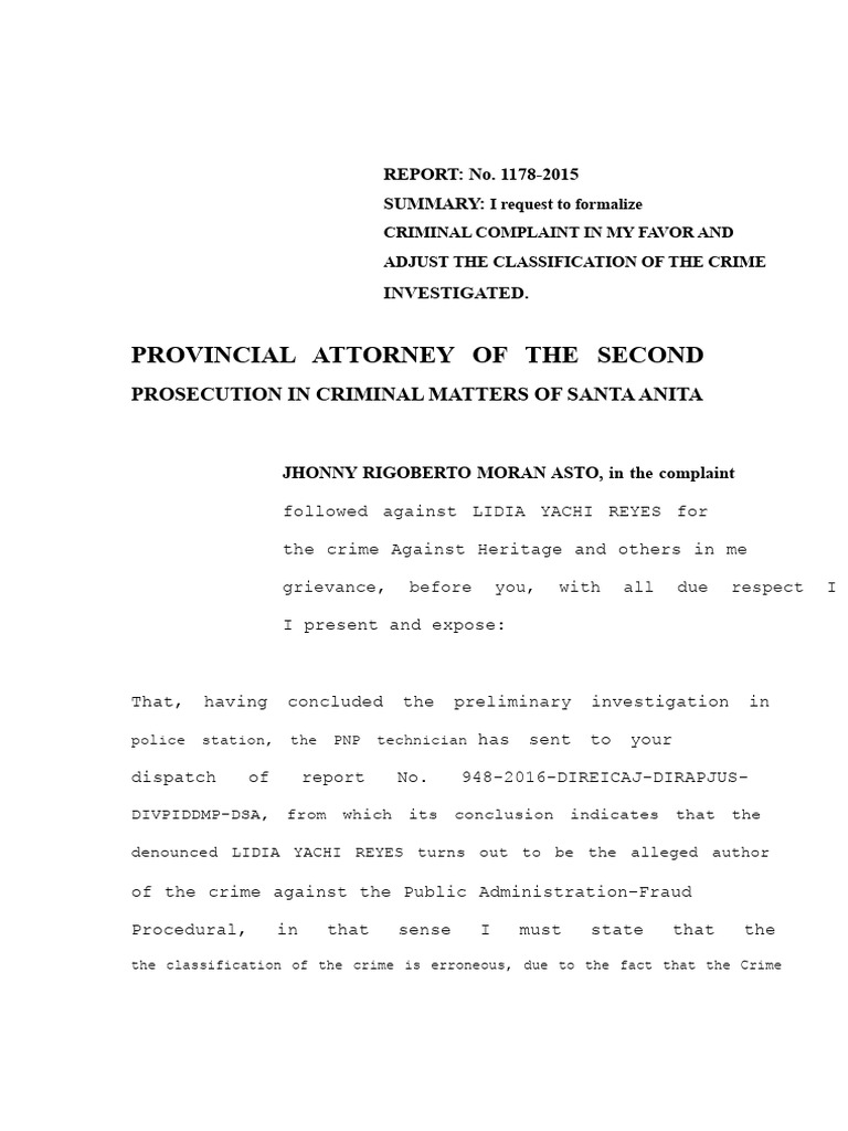 Written To The Prosecutor's Office Requesting Formalization of Criminal ...