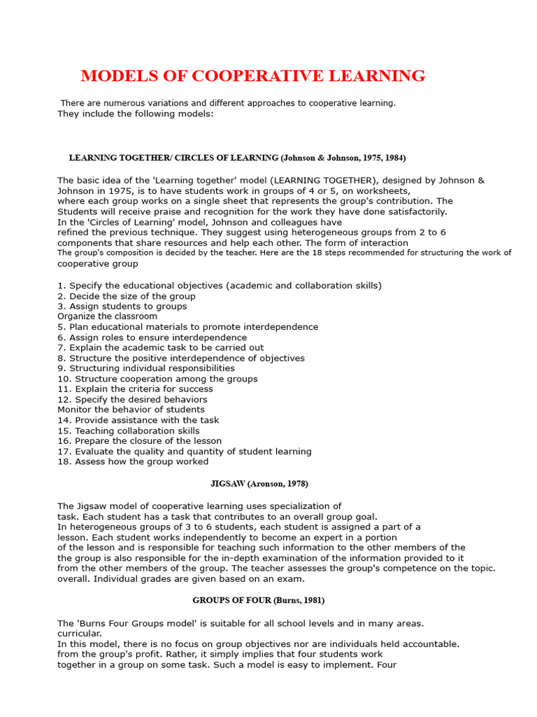 Cooperative Learning Models Explained | PDF | Learning | Cognition