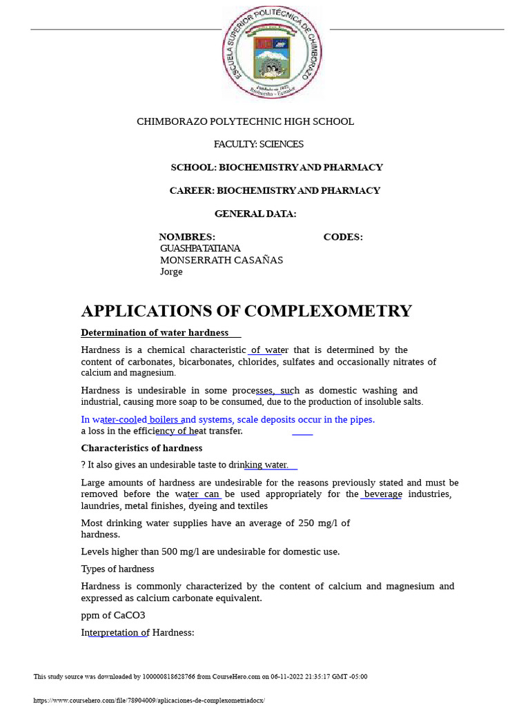 Complexometry in Water Hardness Analysis | PDF | Coordination Complex ...