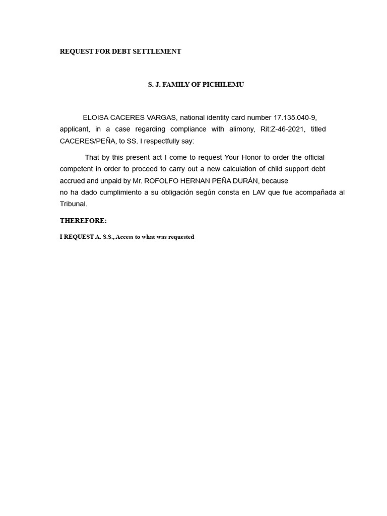 Debt Settlement Request for Alimony Case | PDF