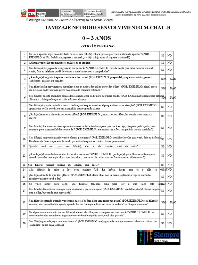 M-CHAT-R: Avaliação do Desenvolvimento Infantil | PDF