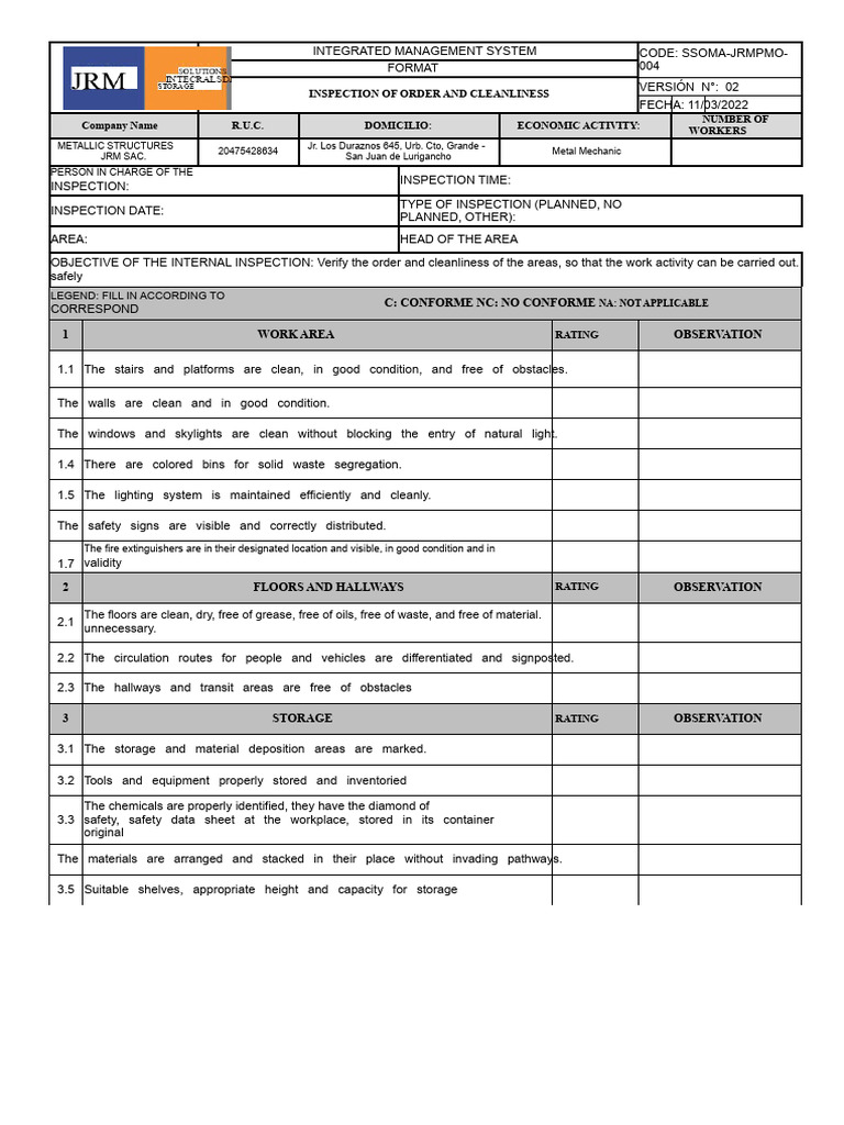 Internal Inspection Report for Cleanliness | PDF