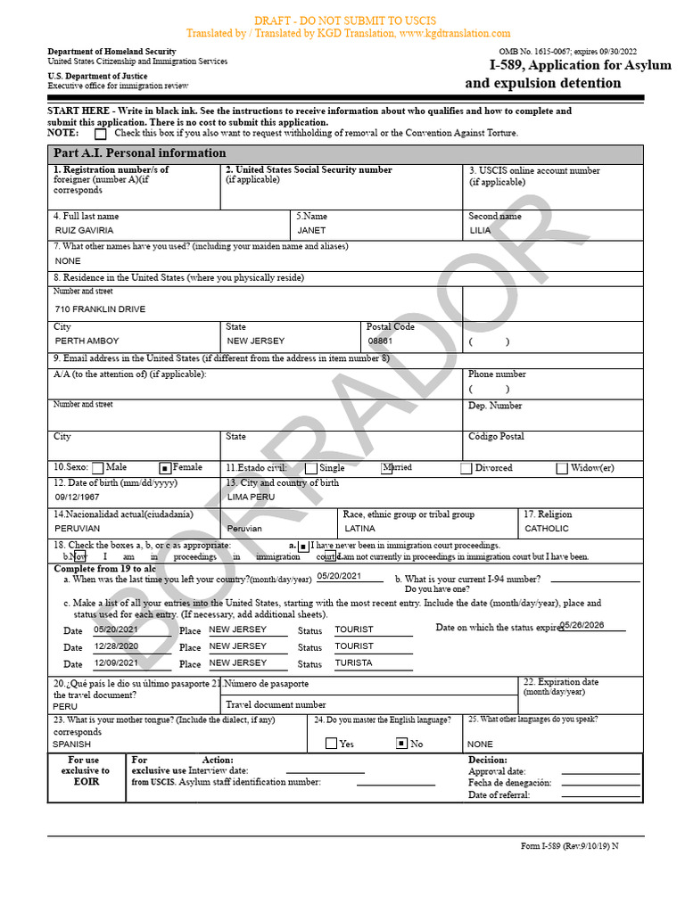 I-589 Asylum Application Draft Guide | PDF | Asylum In The United ...