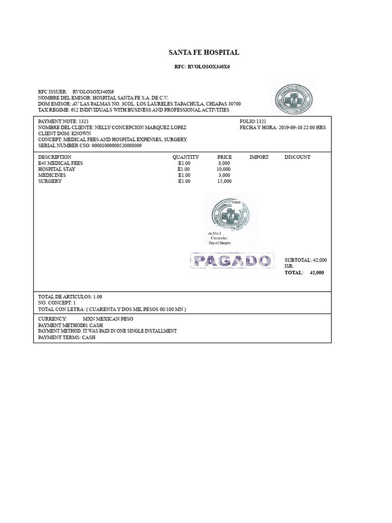 Santa Fe Hospital Invoice Summary | PDF