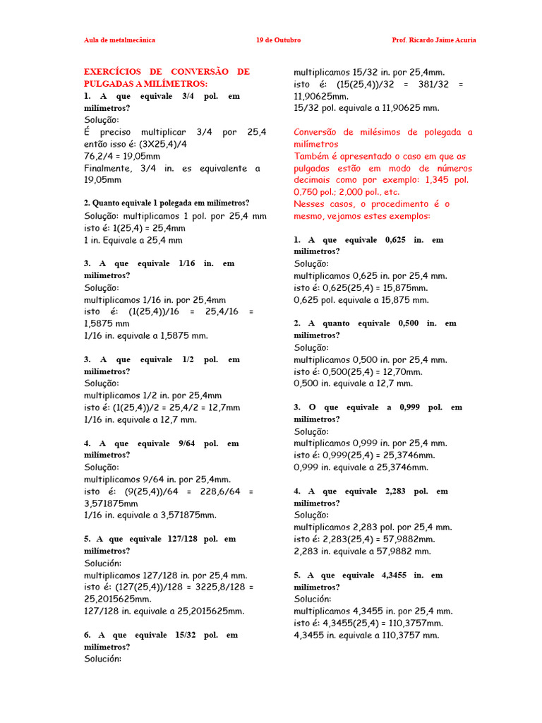 Conversão de Polegadas para Milímetros | PDF | Polegada