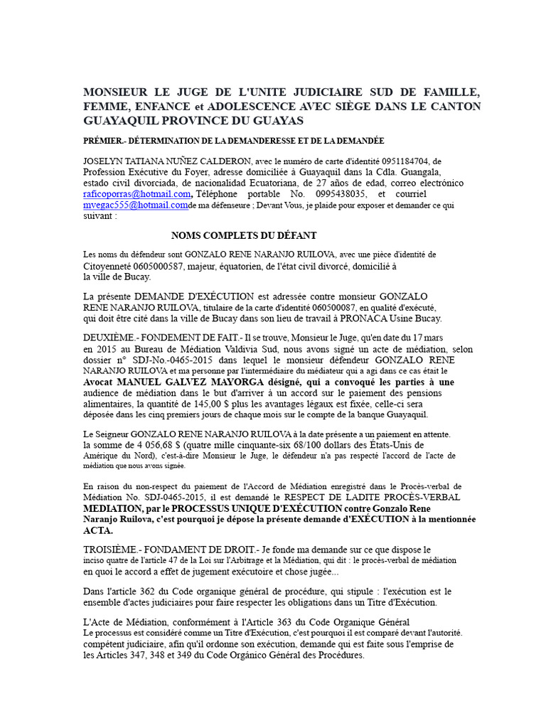 Demande d'exécution de pension alimentaire | PDF | Médiation | Paix