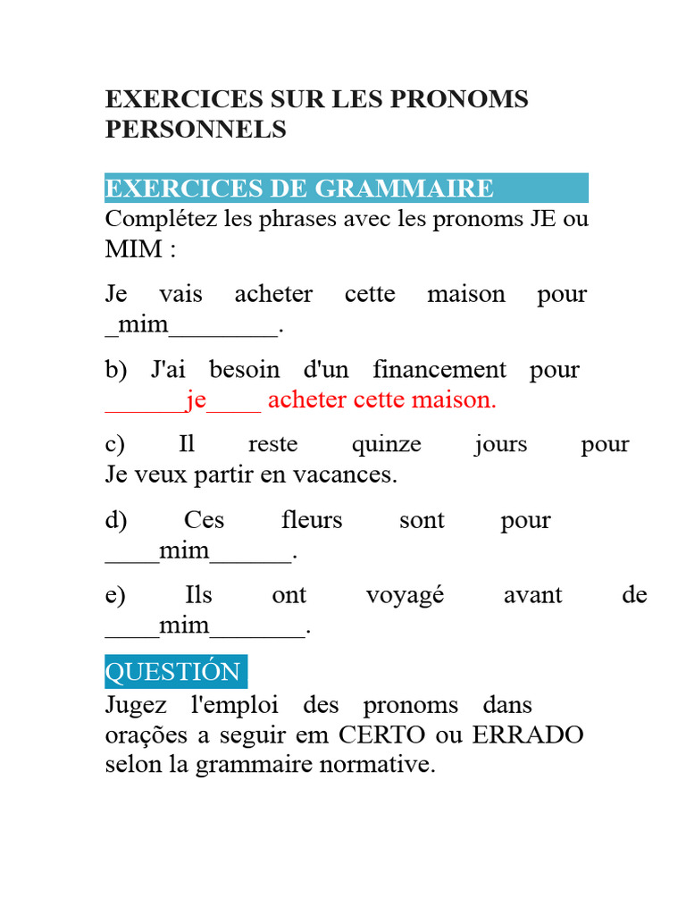 Exercices sur les pronoms personnels | PDF | Linguistique