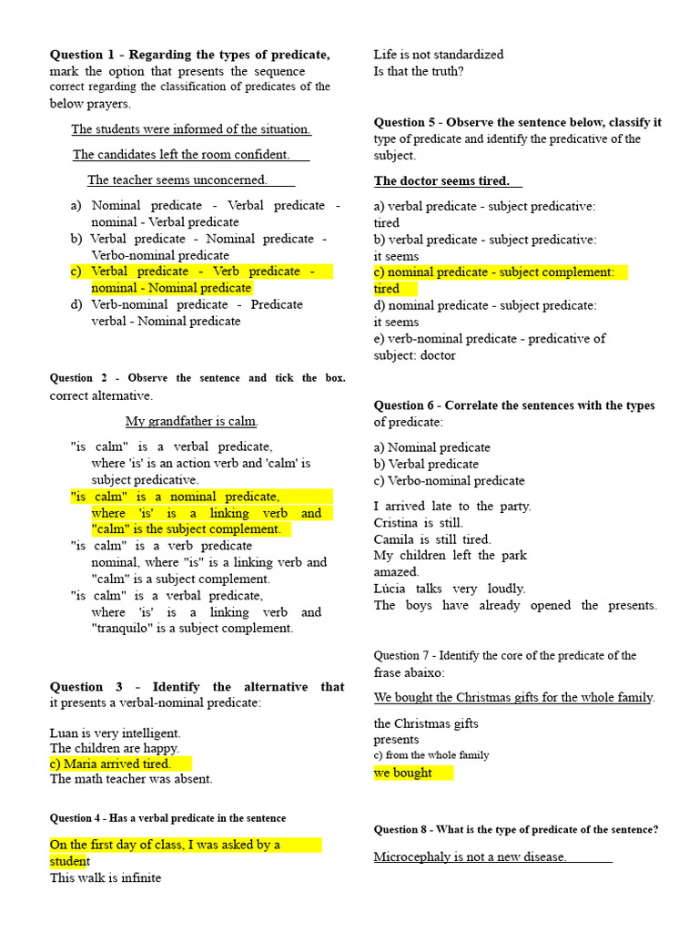 Predicate Classification Questions | PDF | Subject (Grammar ...