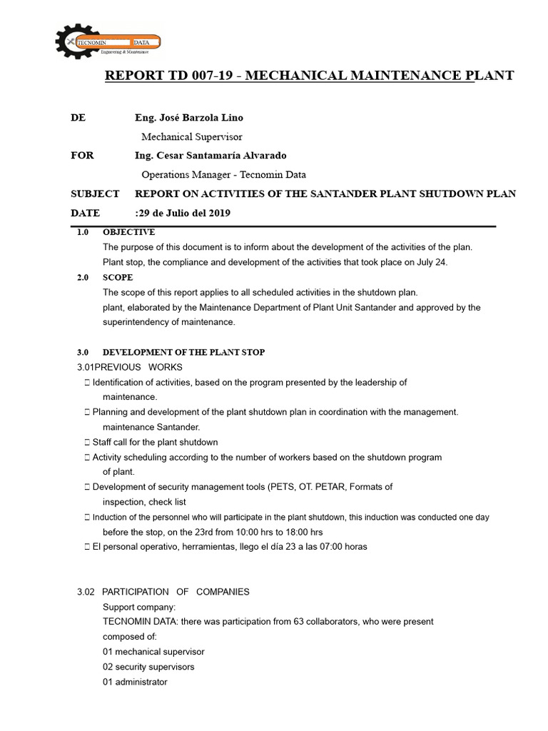 Santander Plant Shutdown Report 2019 | PDF | Pump | Pipe (Fluid Conveyance)
