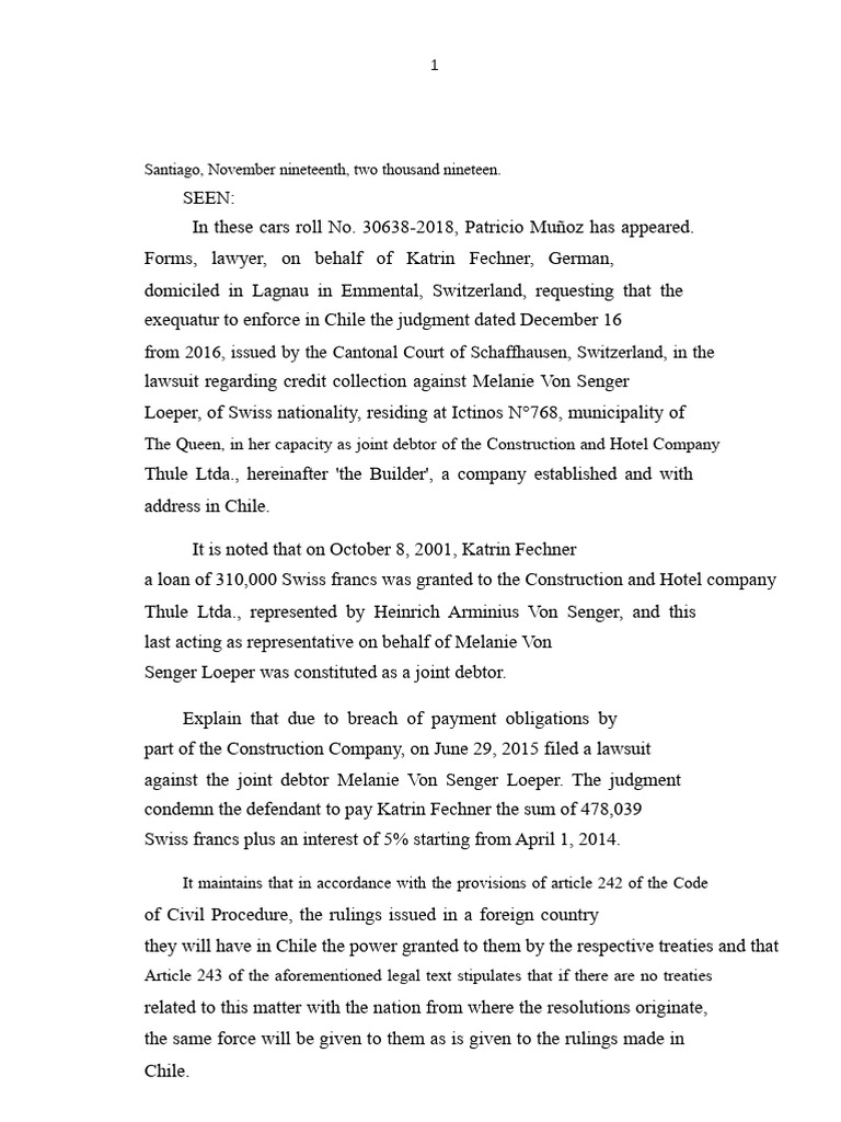 Cause N 306382018 Civil Exequatur Supreme Court First Chamber | PDF ...