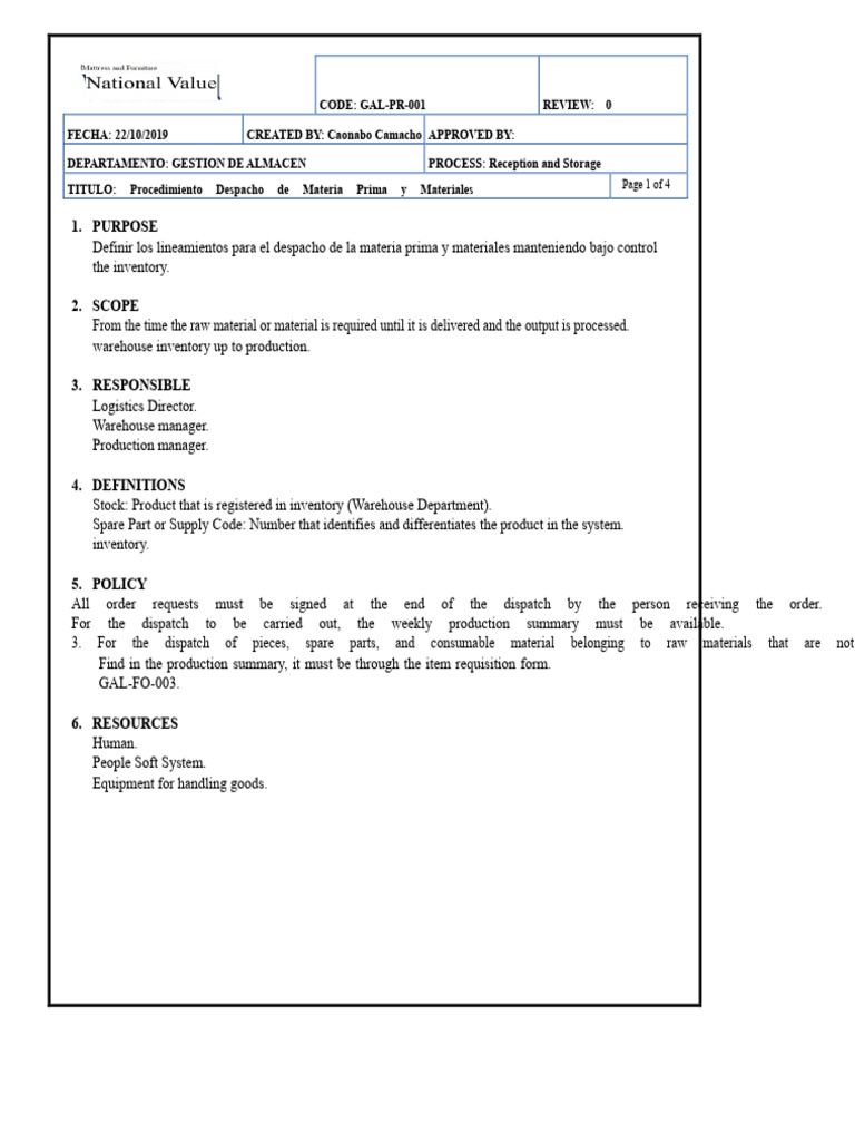 Raw Material Dispatch Procedure | PDF | Warehouse | Inventory