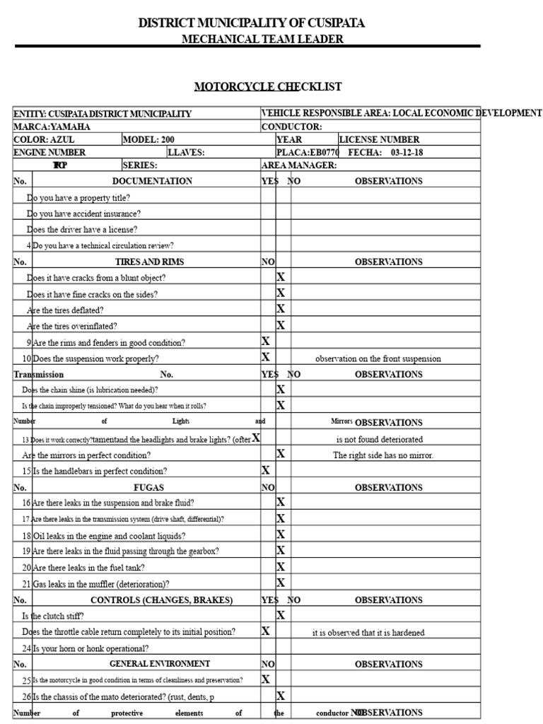 Cusipata Motorcycle Inspection Checklist | PDF | Leak | Motorcycle