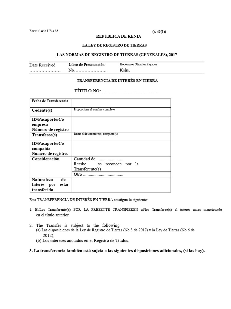 Formulario de Transferencia de Tierra LRA 33 | PDF