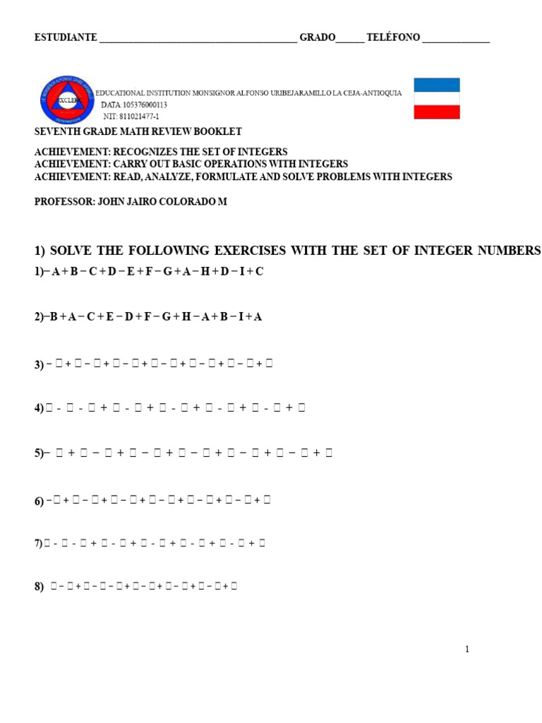 Seventh Grade Integer Math Review | PDF | Mathematics