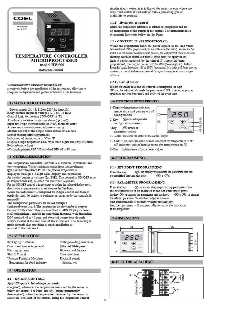 HW500 Temperature Controller Manual | PDF | Relay | Thermocouple