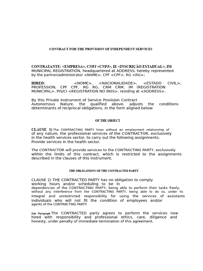 Model of Contract for Provision of Autonomous Services | PDF ...