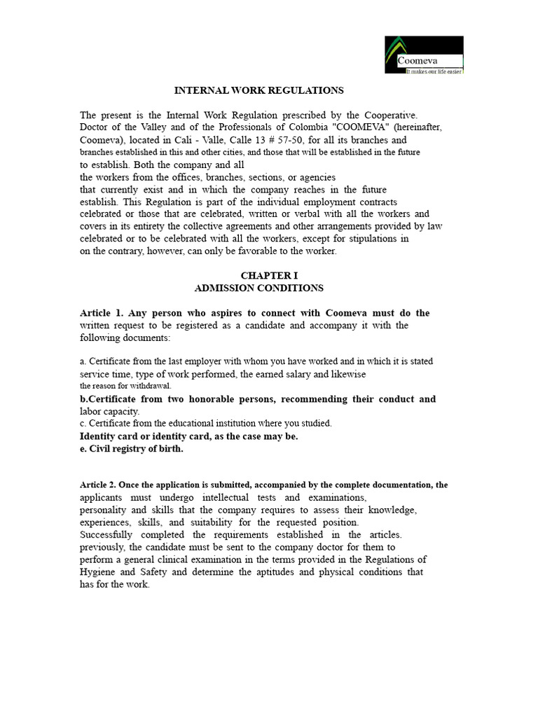 Internal_Work_Regulations_Coomeva_V2019 | PDF | Salary | Overtime