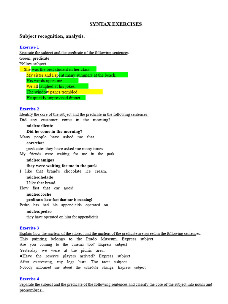 Subject and Predicate Analysis Exercises | PDF | Adjective | Subject ...