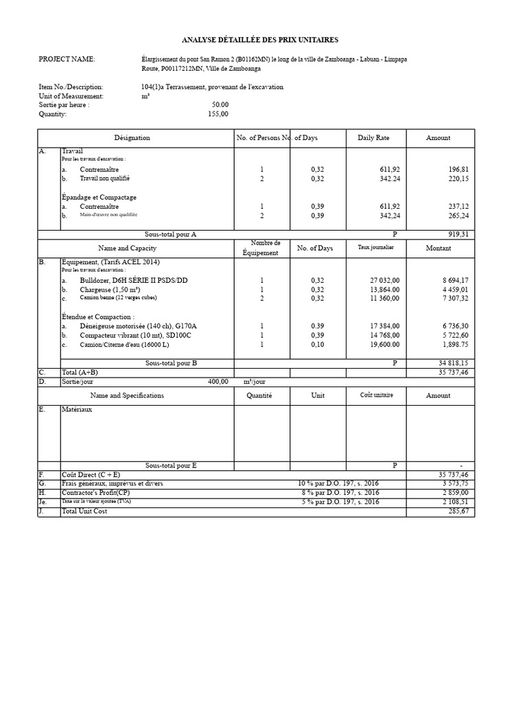 Analyse des prix unitaires pour pont San Ramon | PDF