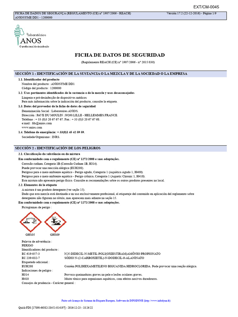 Ficha de Segurança ANIOSYME DD1 | PDF