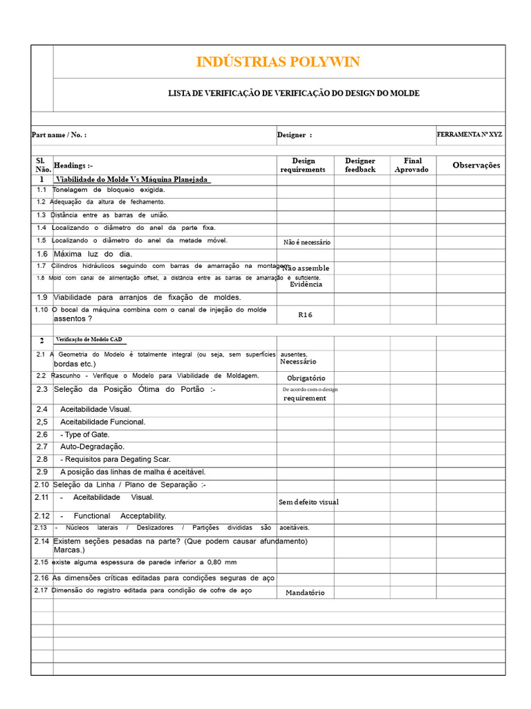 Checklist de Design de Moldes Polywin | PDF