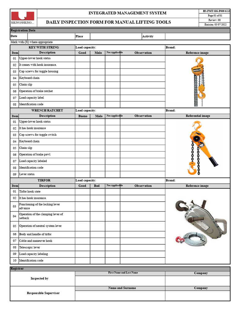 Daily Inspection Form for Lifting Tools | PDF