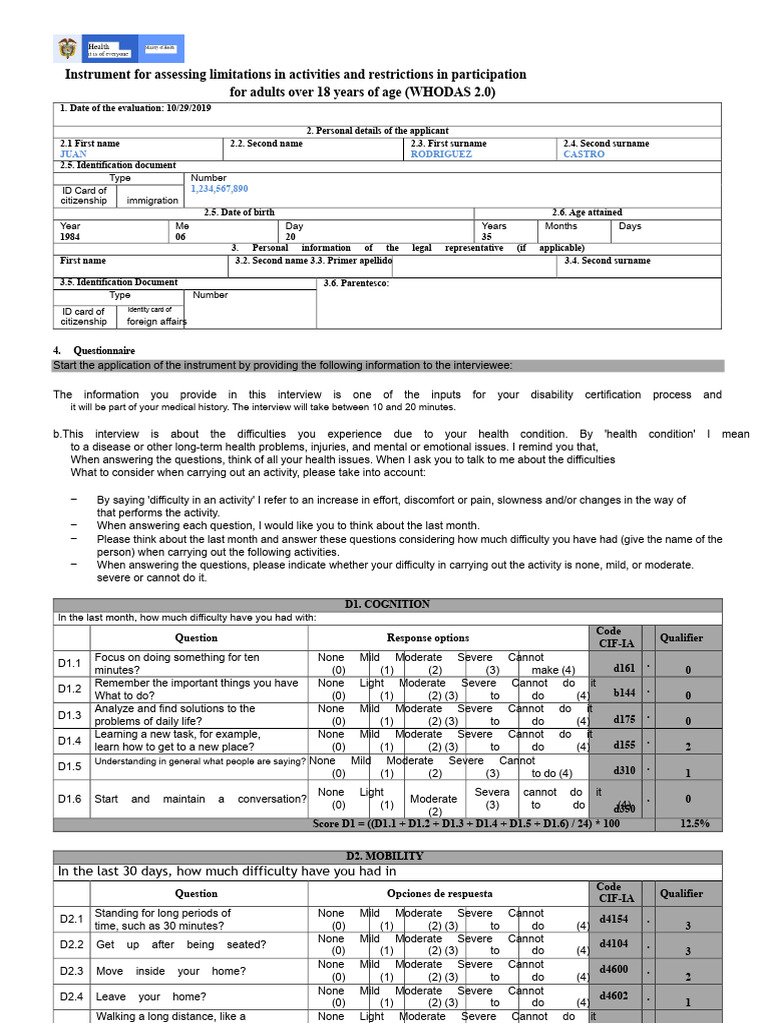 WHODAS 2.0 Assessment for Adults | PDF | Identity Document