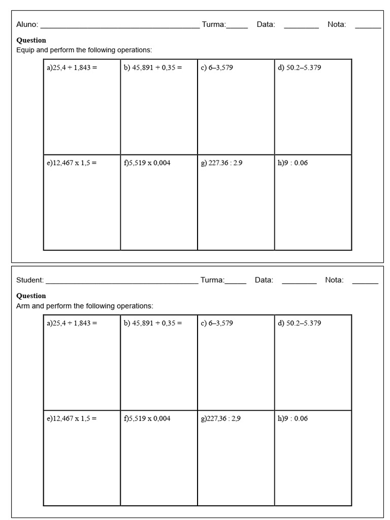 Diagnostic Exercise 07 - 6th Grade - Operations with Decimal Numbers | PDF