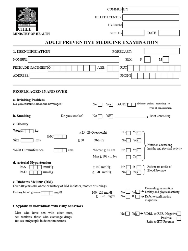 Adult Preventive Medicine Examination Form | PDF | Obesity | Diabetes