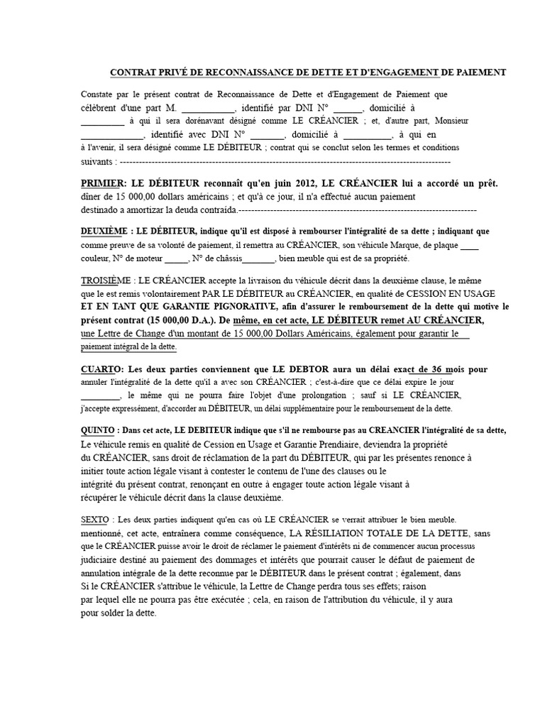Contrat de Reconnaissance de Dette | PDF | Débiteur | Dettes