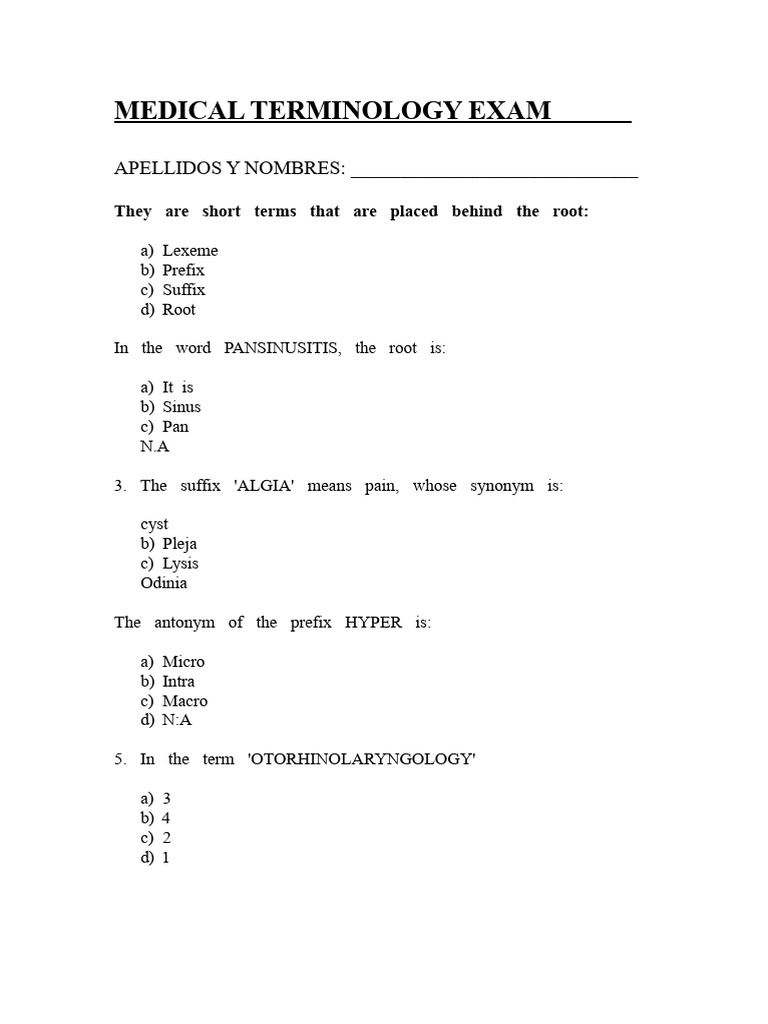 Medical Terminology Exam Questions | PDF