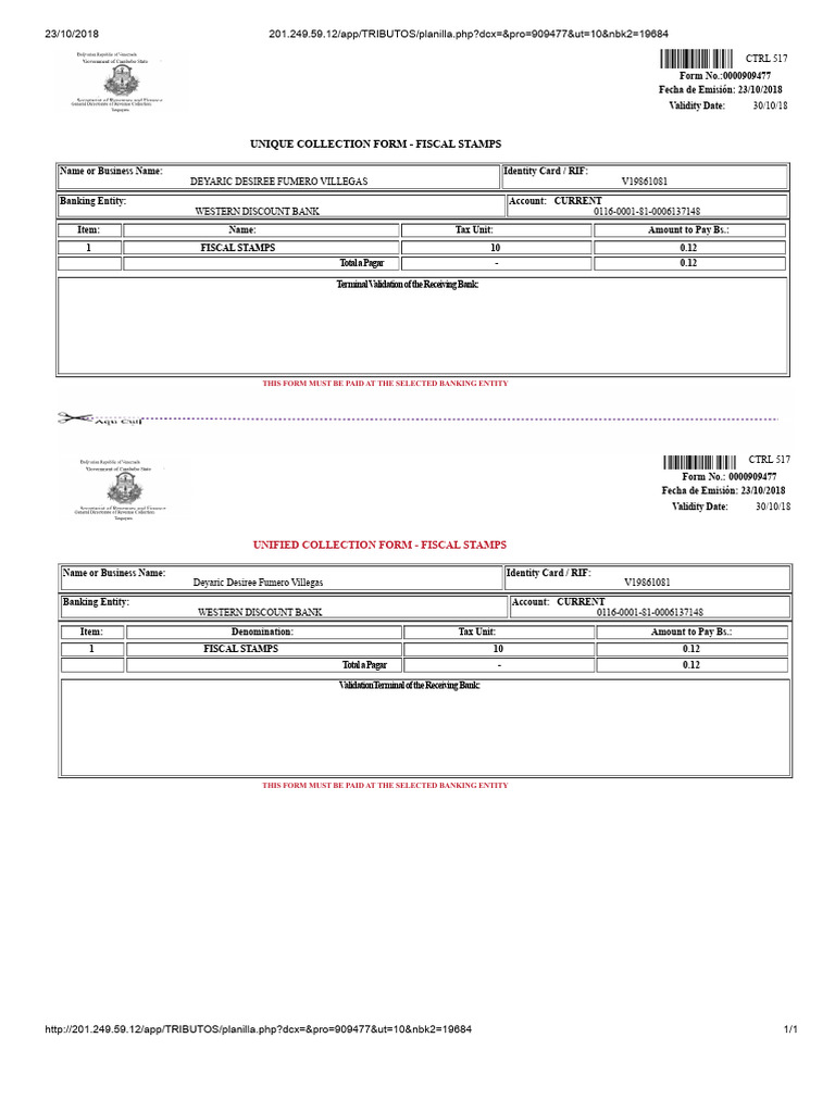 Unified Fiscal Stamps Payment Form | PDF | Taxes | Postage Stamp