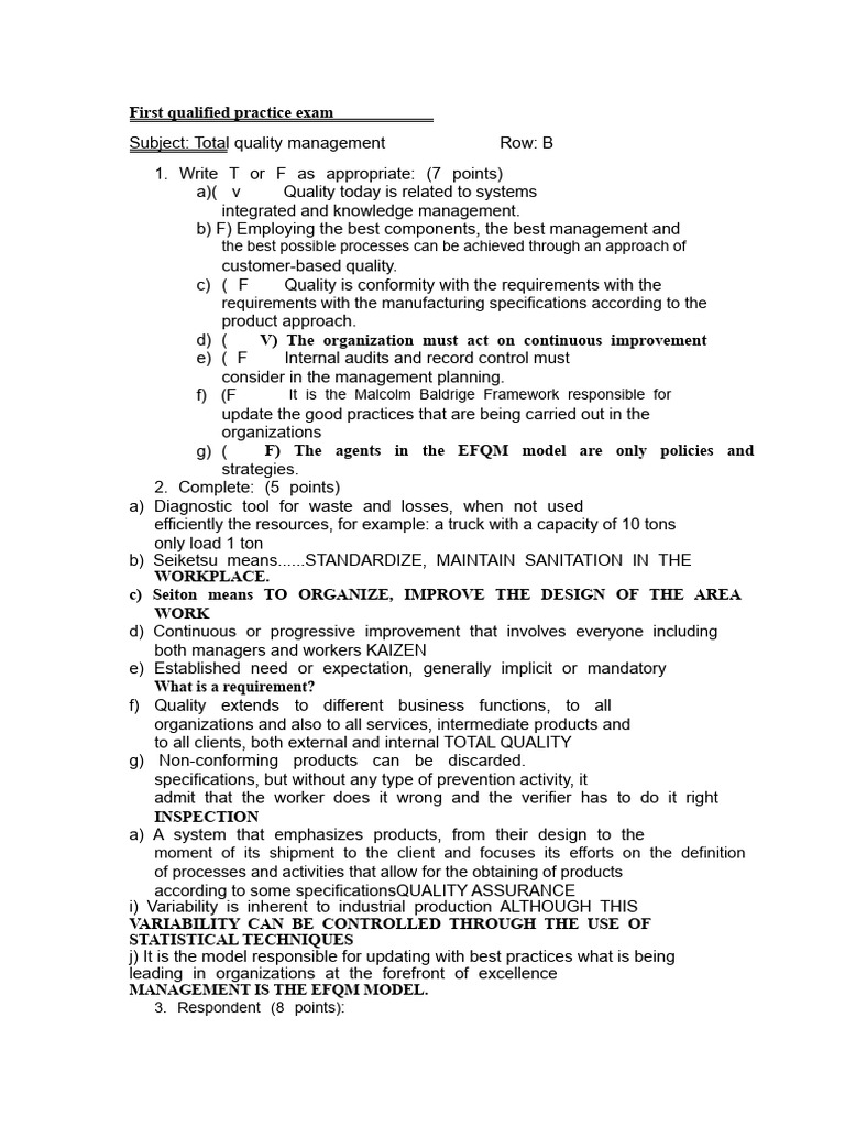 Total Quality Management Practice Exam | PDF | Quality Management ...