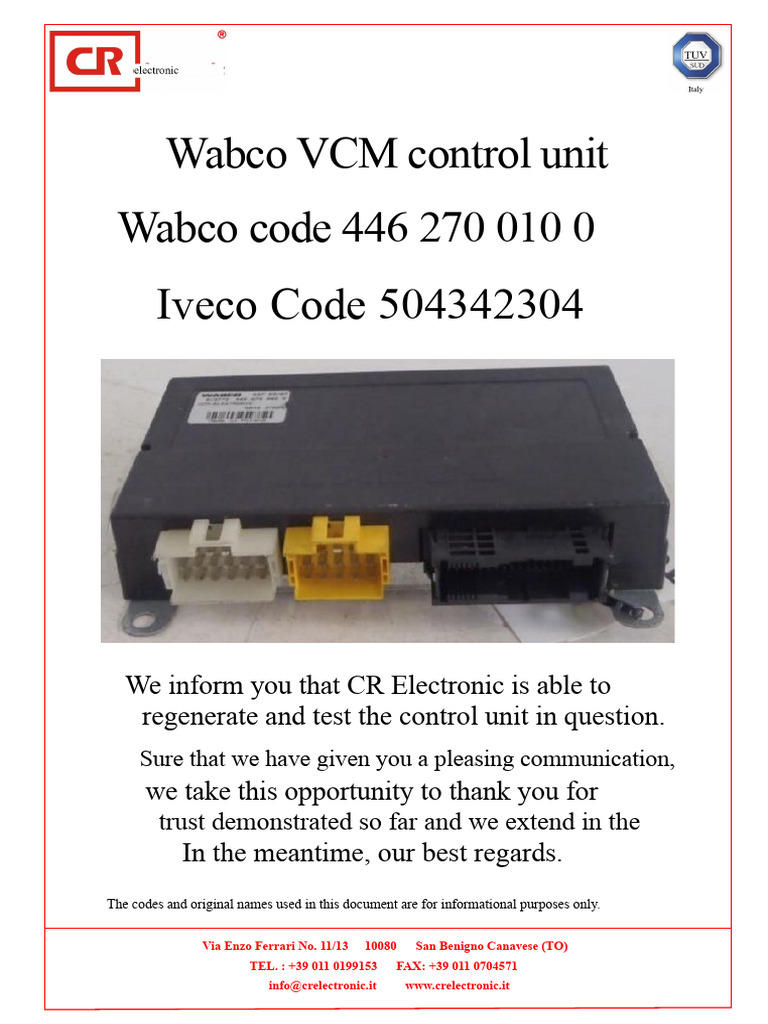 Wabco VCM Control Unit Regeneration Service | PDF