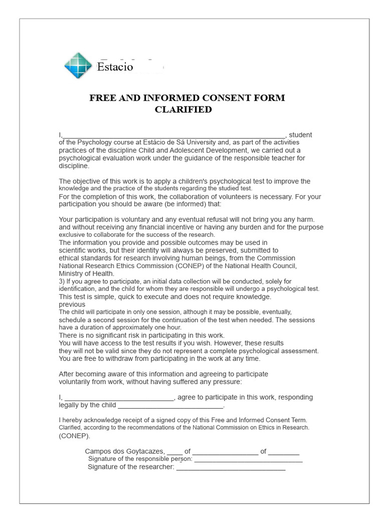 Child Psychological Test Consent Form | PDF | Informed Consent