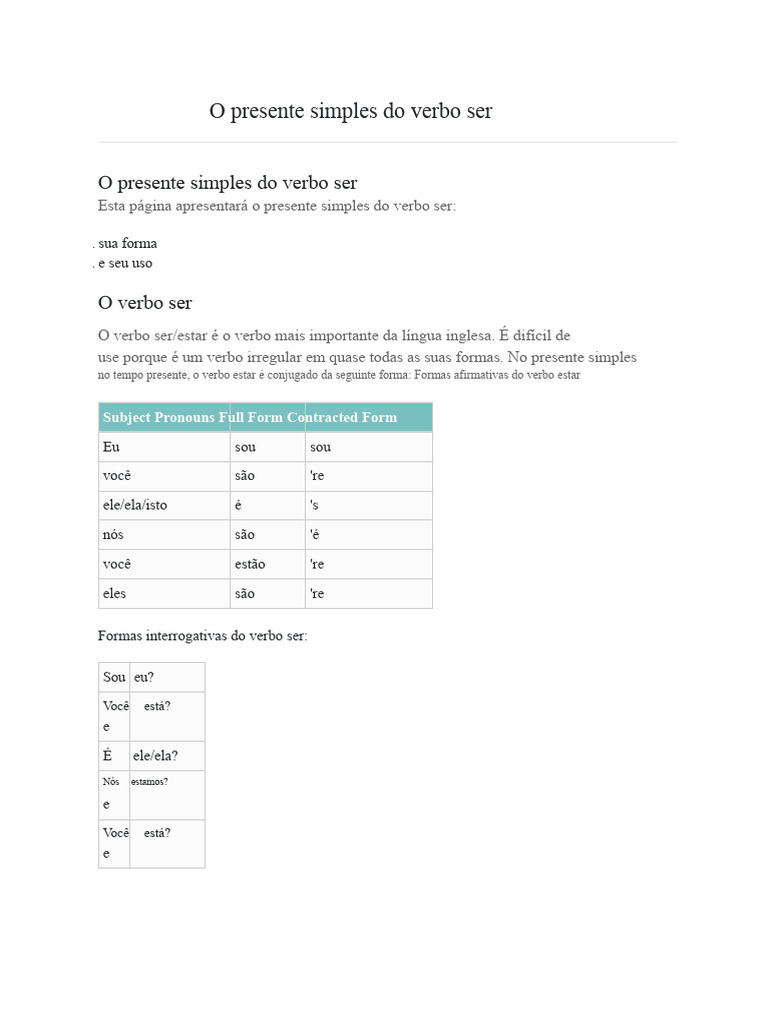 181135_O Presente Simples do Verbo Ser | PDF | Famílias linguísticas