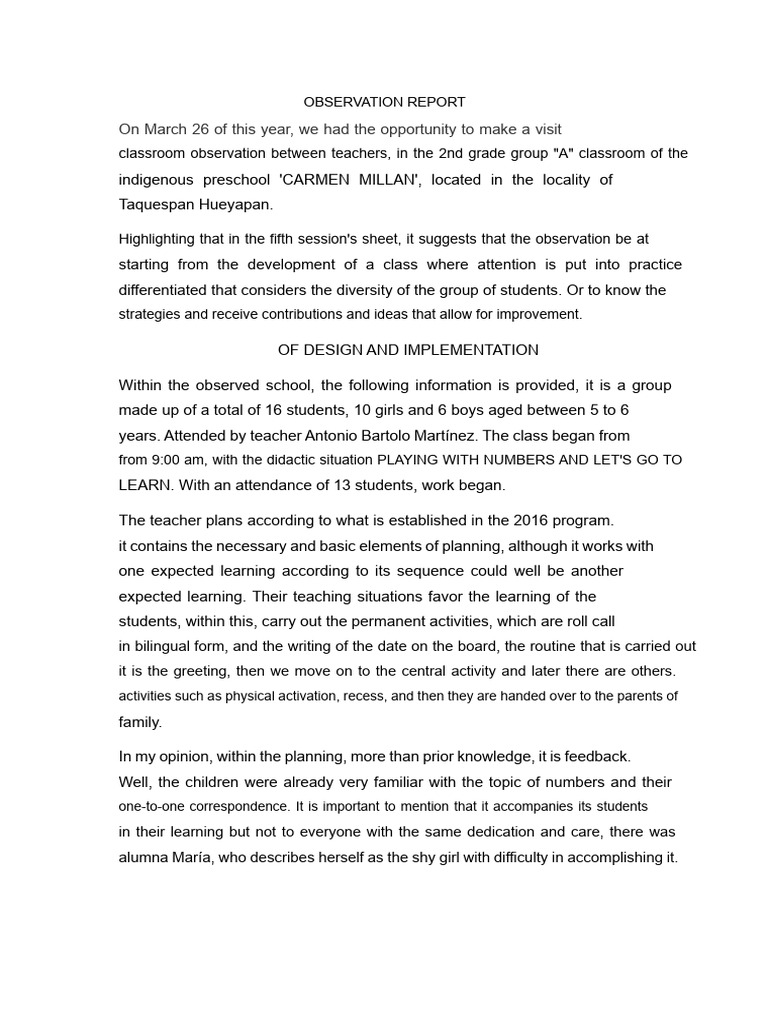 Observation Report | PDF | Teachers | Learning